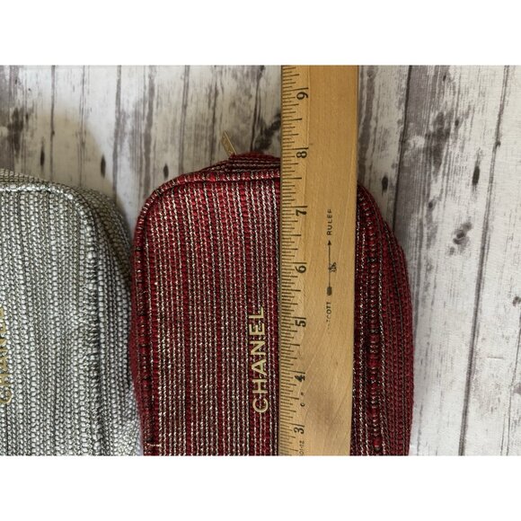 CHANEL Holiday Red Grey Tweed Shimmer Cosmetic Travel Bag With Gold Small PAIR - Picture 10 of 11